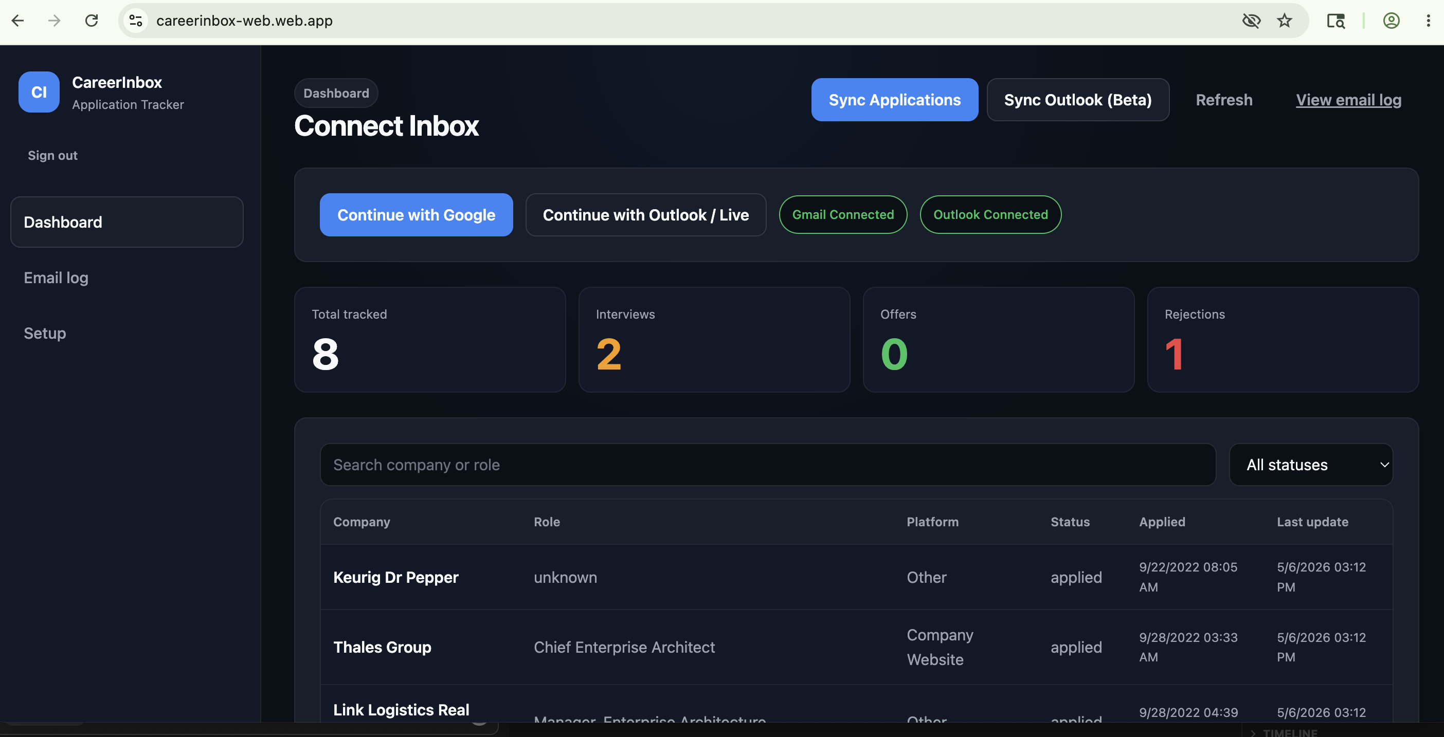 CareerInbox production dashboard showing application pipeline and operational metrics