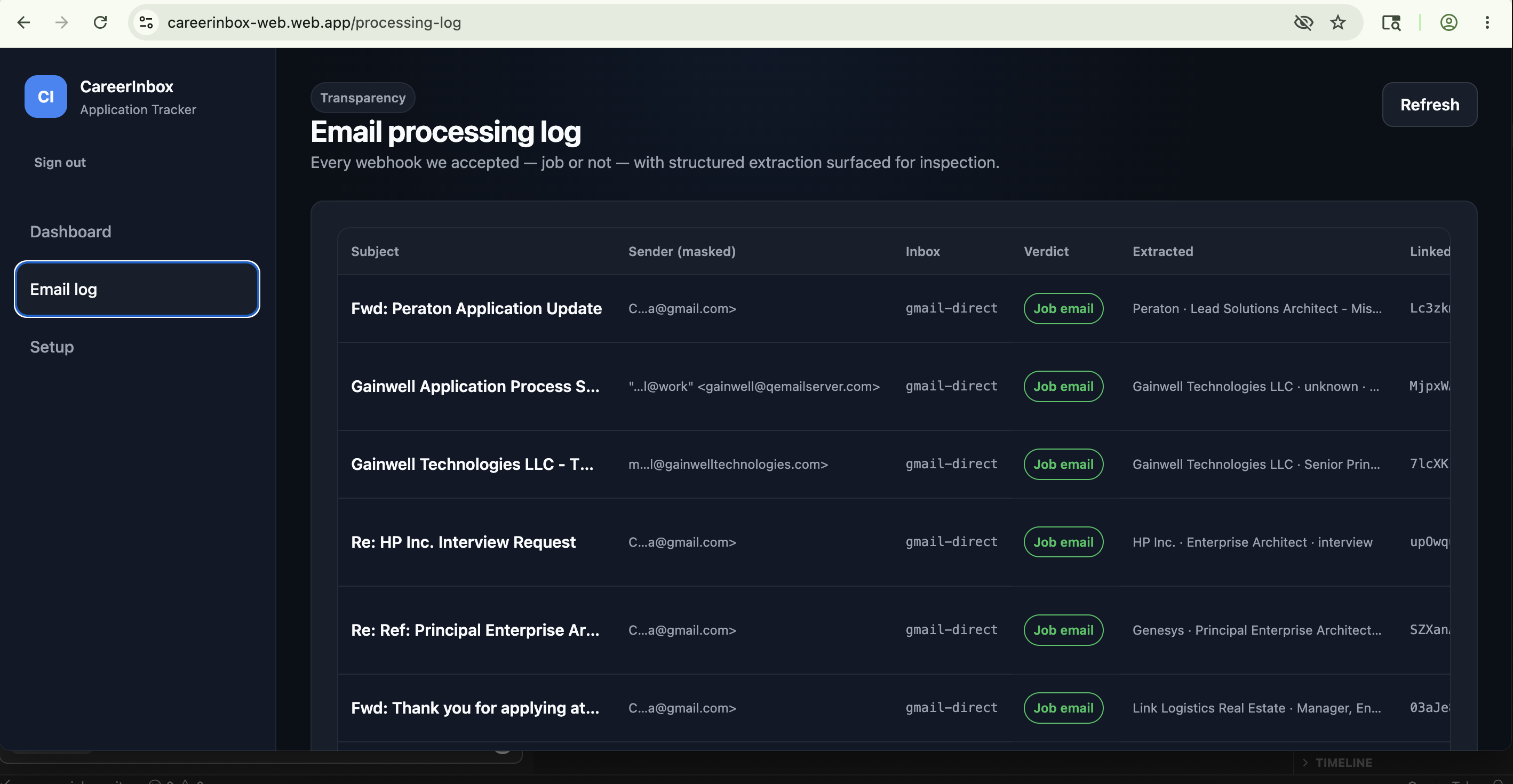 CareerInbox email processing log table with status, extracted fields, and actions