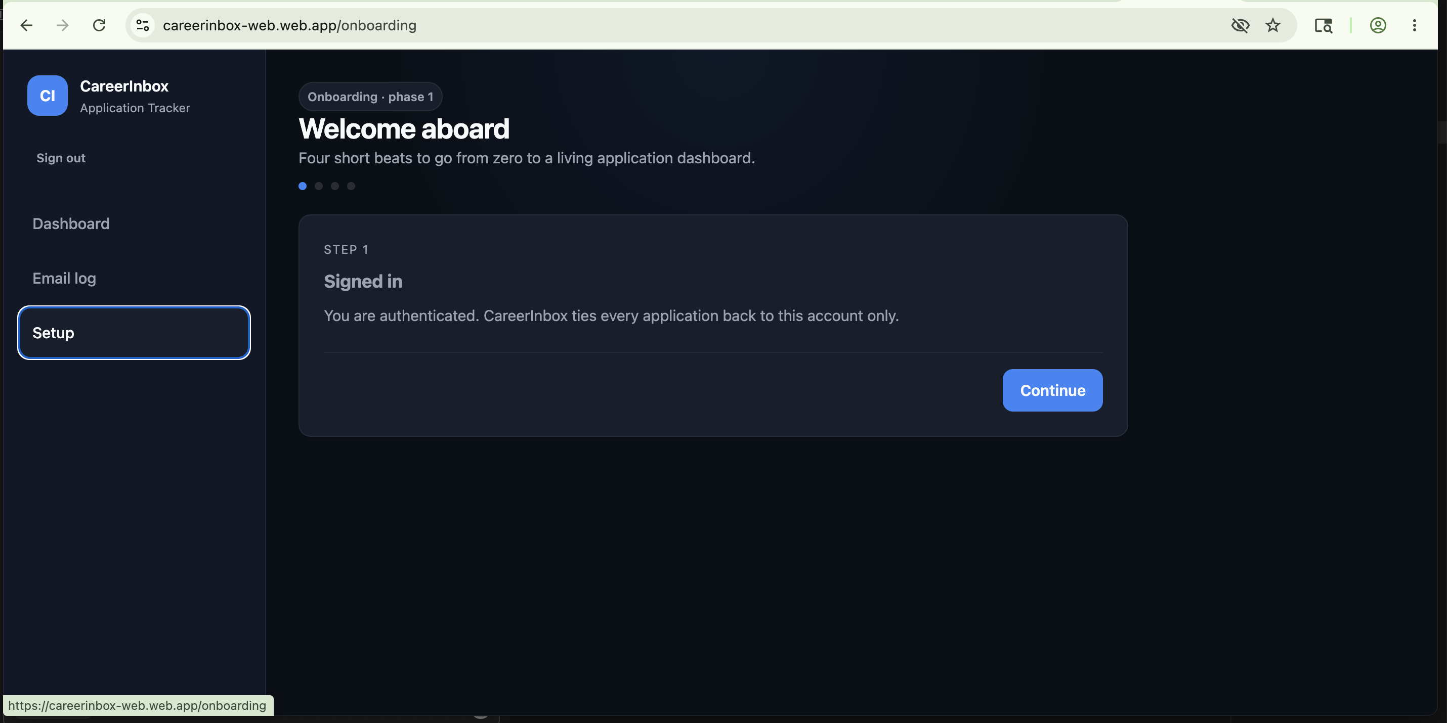 CareerInbox Setup screen with in-product help flow